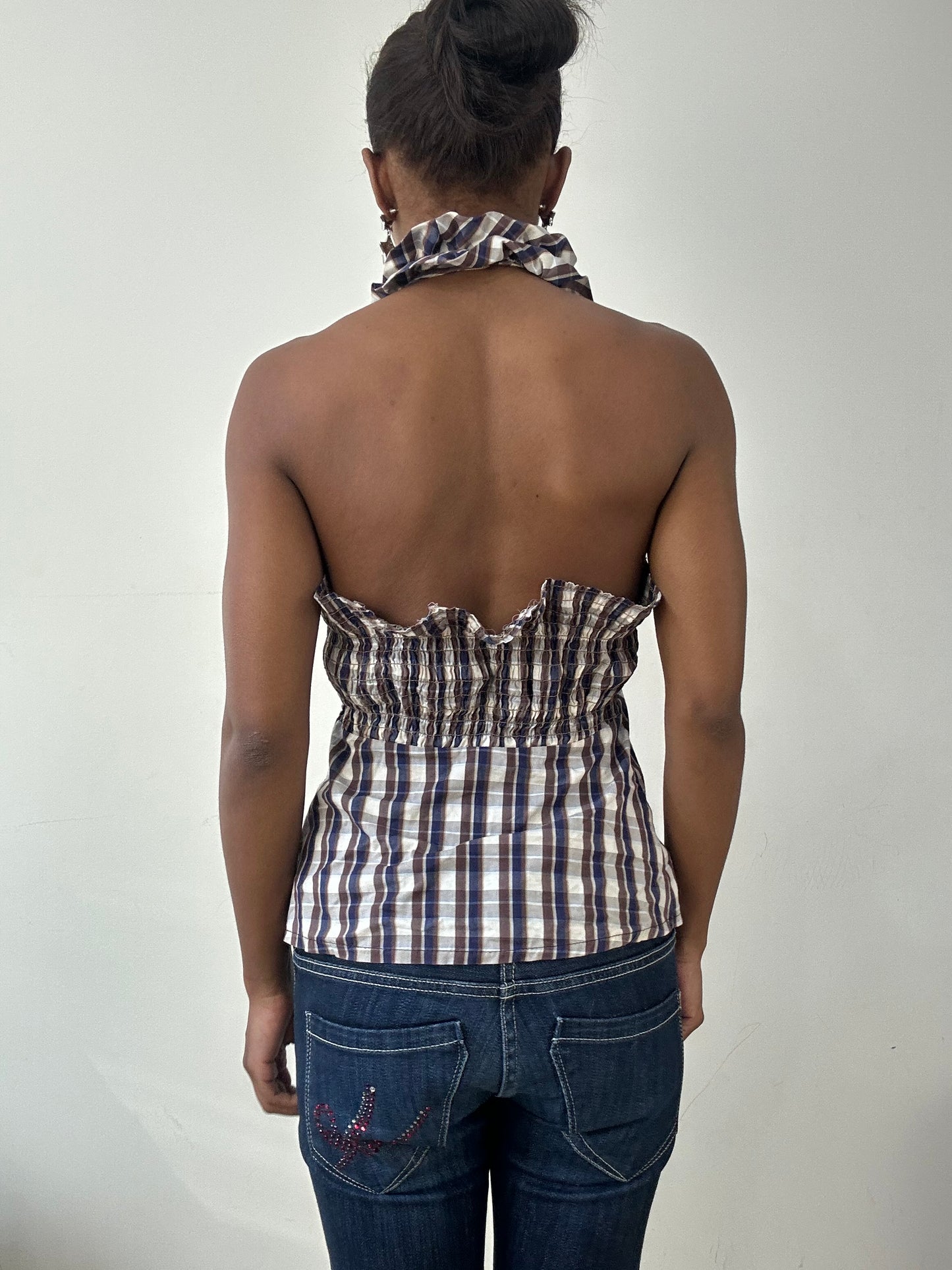 BEST PICKS | small blue and brown halterneck top with ruffle trim