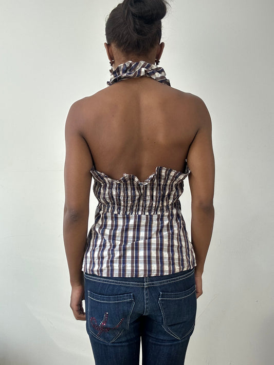 BEST PICKS | small blue and brown halterneck top with ruffle trim