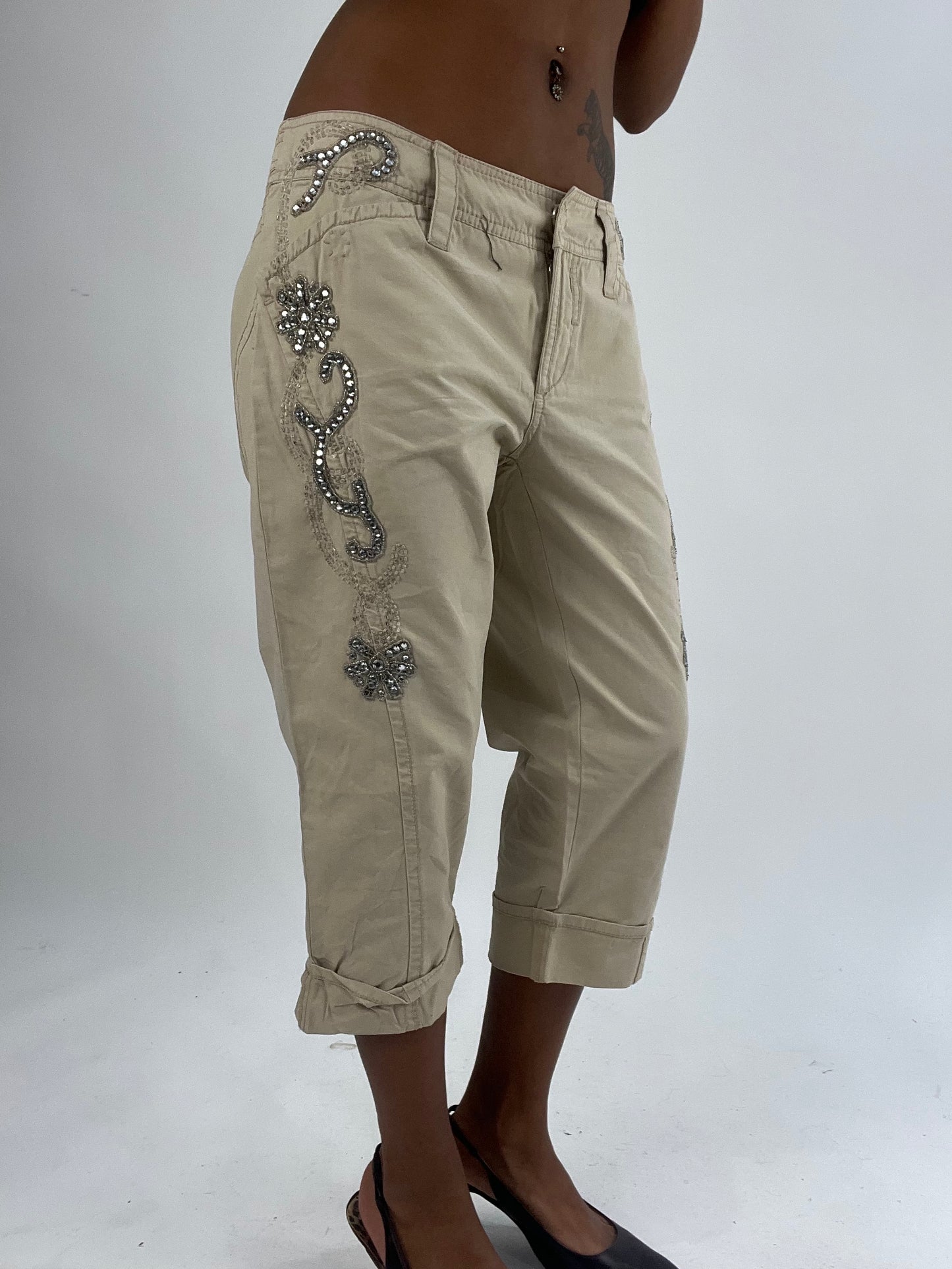 vintage edit thirty-five | medium beige cropped trousers with rhinestone details