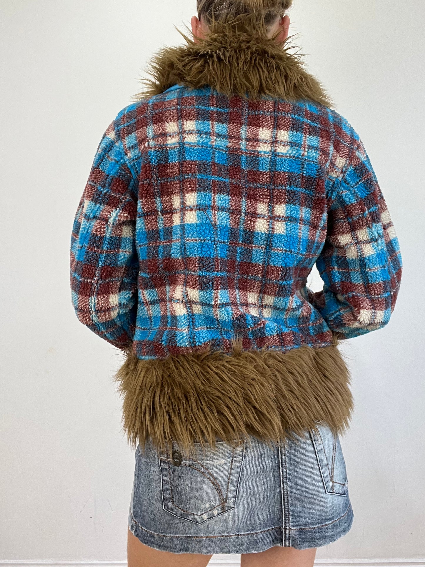 vintage edit twenty | medium blue and brown checkered gingham fleece afghan jacket