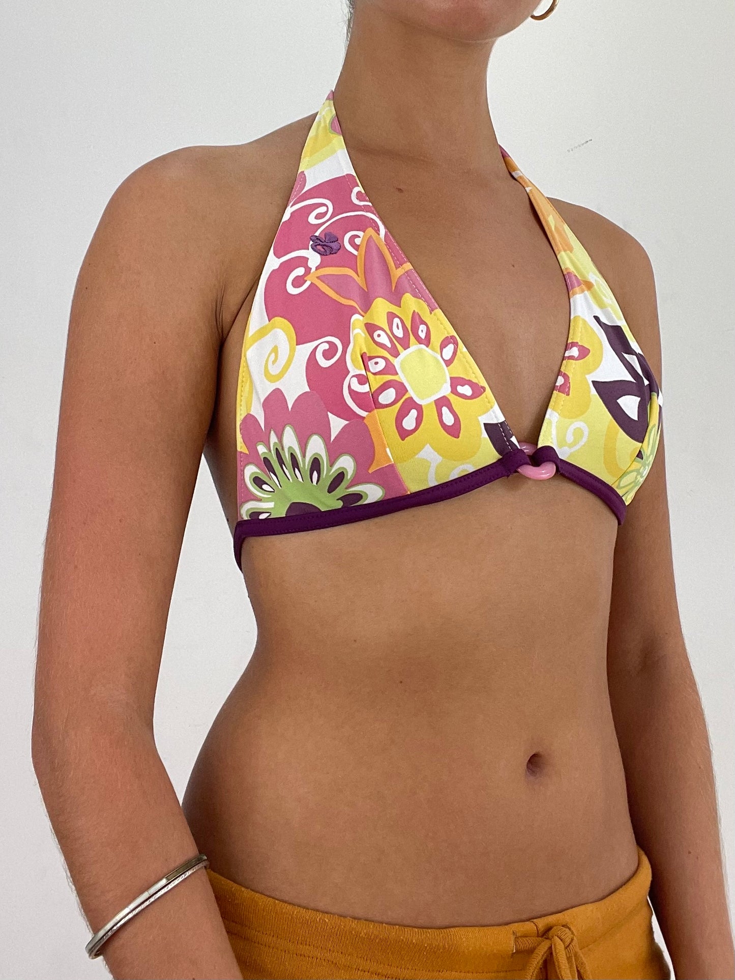 VINTAGE PICKS | small pink and yellow bikini set with mini short bottoms