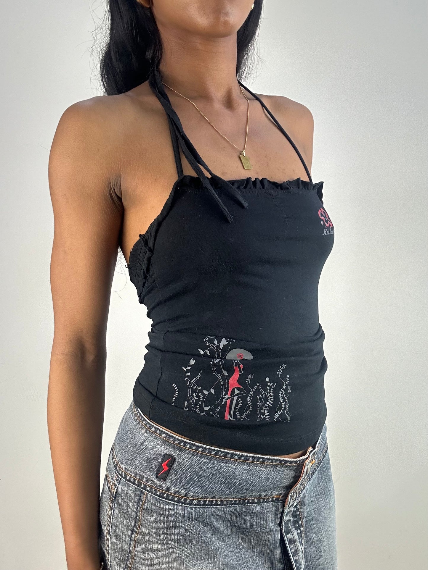 vintage edit eighteen | small black killah by miss sixty graphic halterneck top