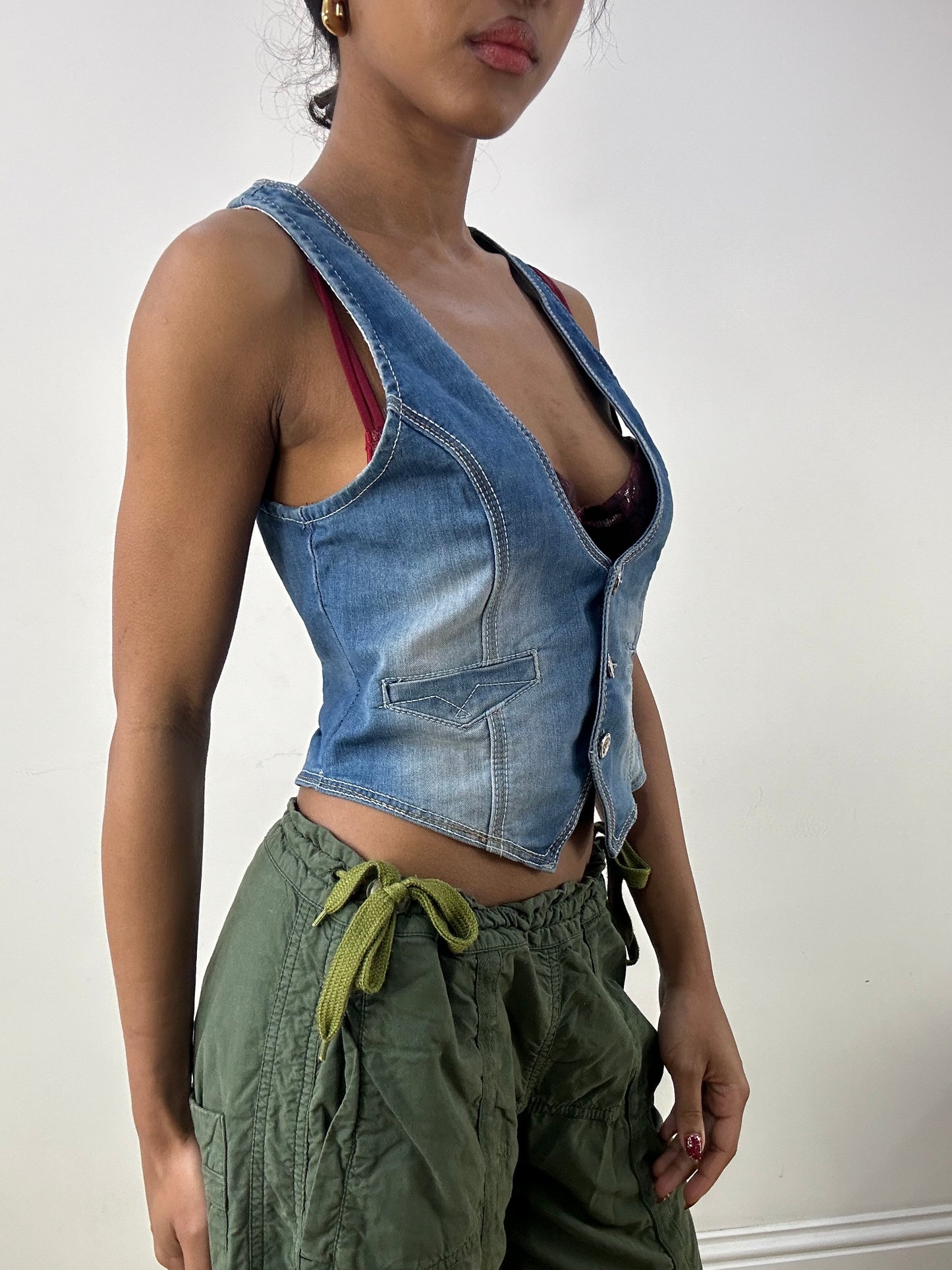 HIPPY CHIC DROP | medium denim waistcoat with back buckle detail