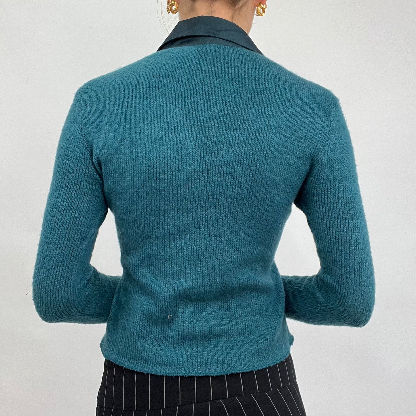 💻CARRIE BRADSHAW DROP | medium blue long sleeved collared top with two tone material and embellishment on the bust