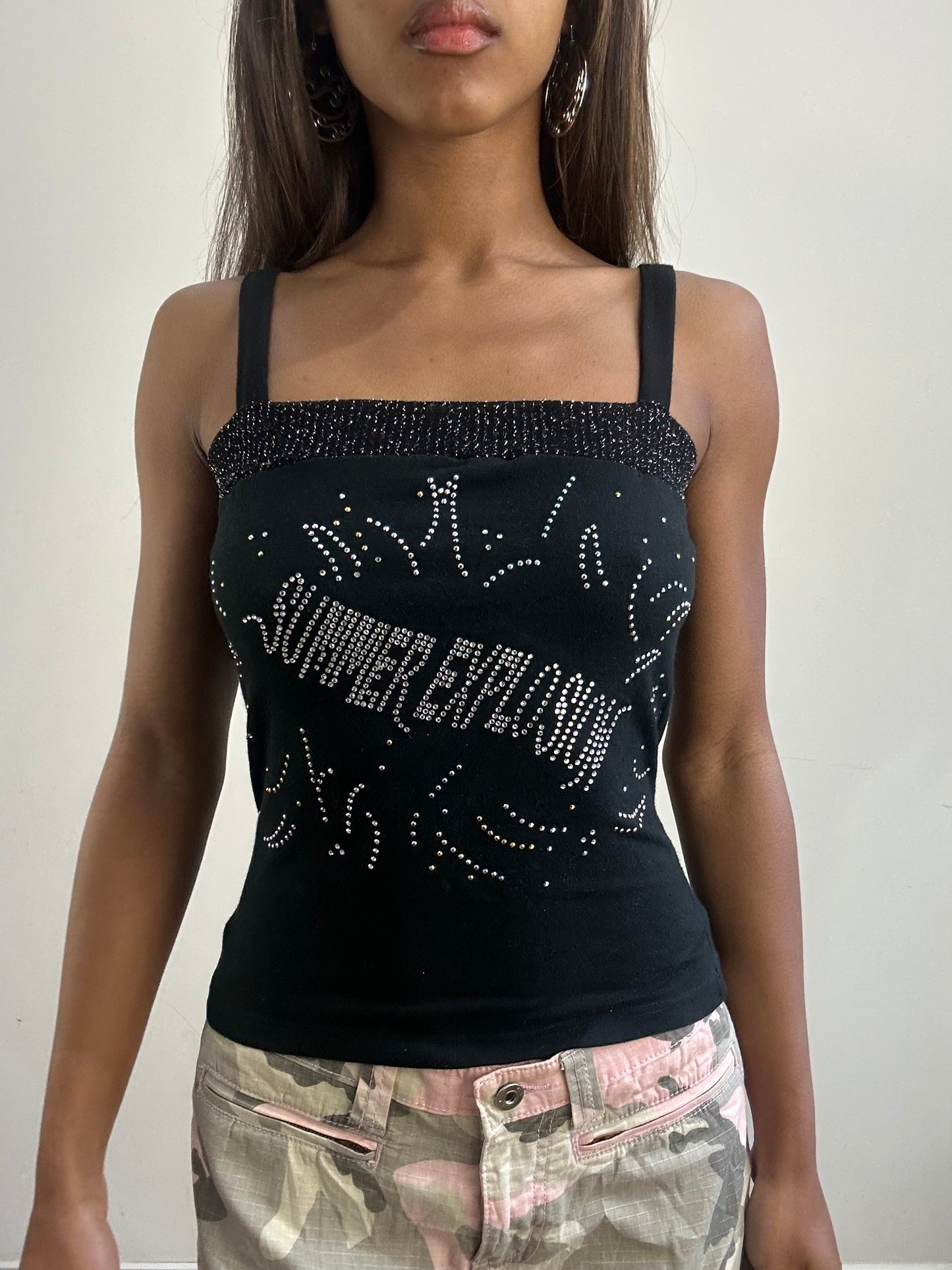 2016 edit | small black graphic rhinestone cami top