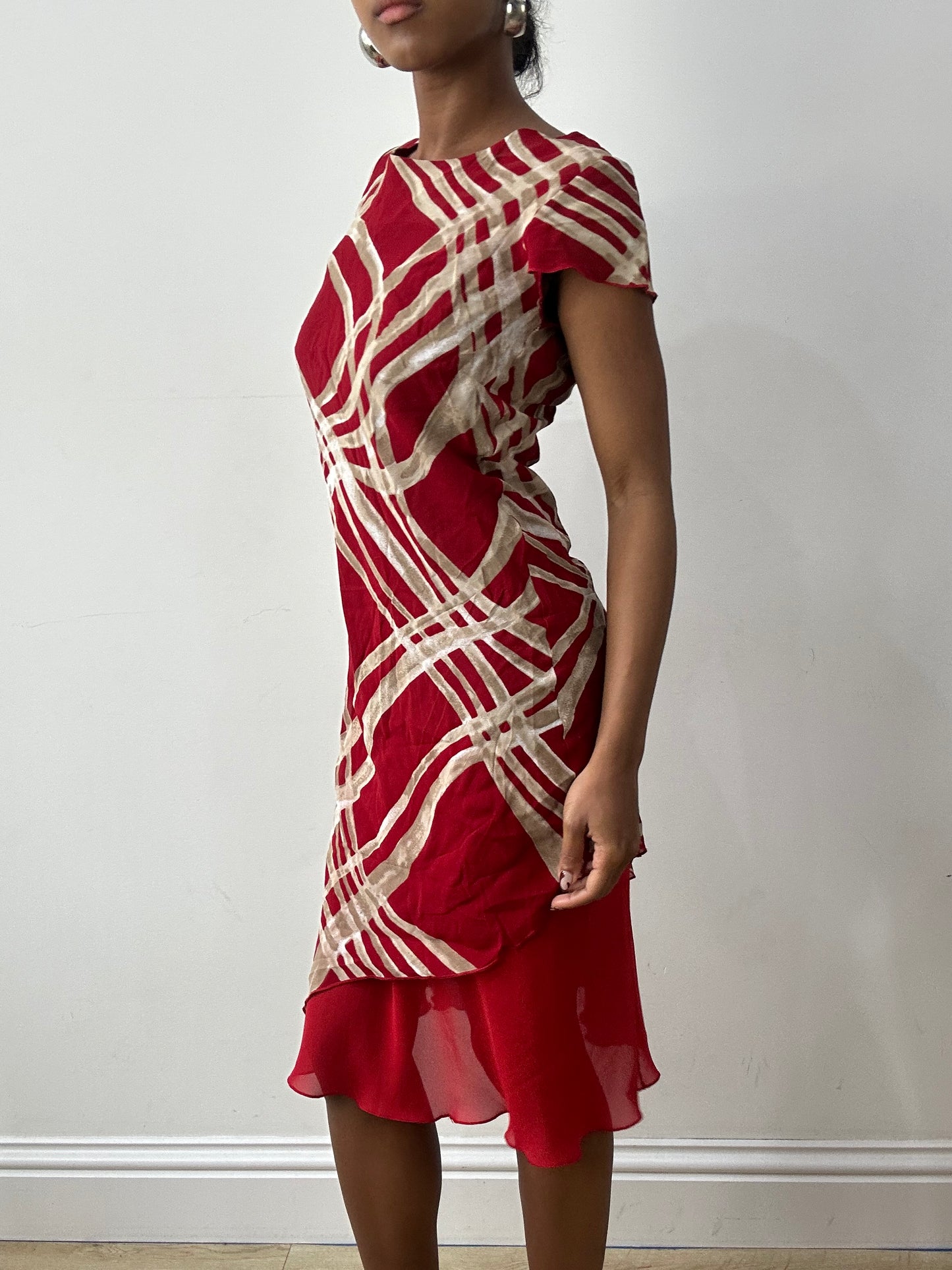 midsummer edit | small red midi dress with cream abstract print