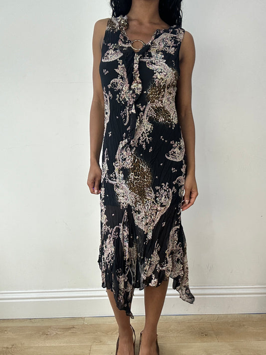 vintage edit twenty-three | medium black asymmetric midi dress with pink print
