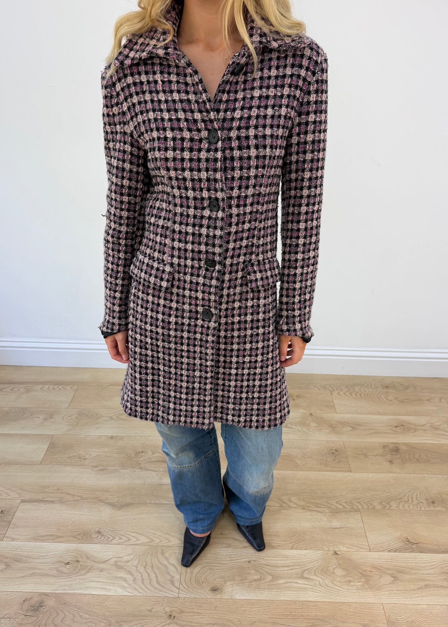medium purple tweed trench coat