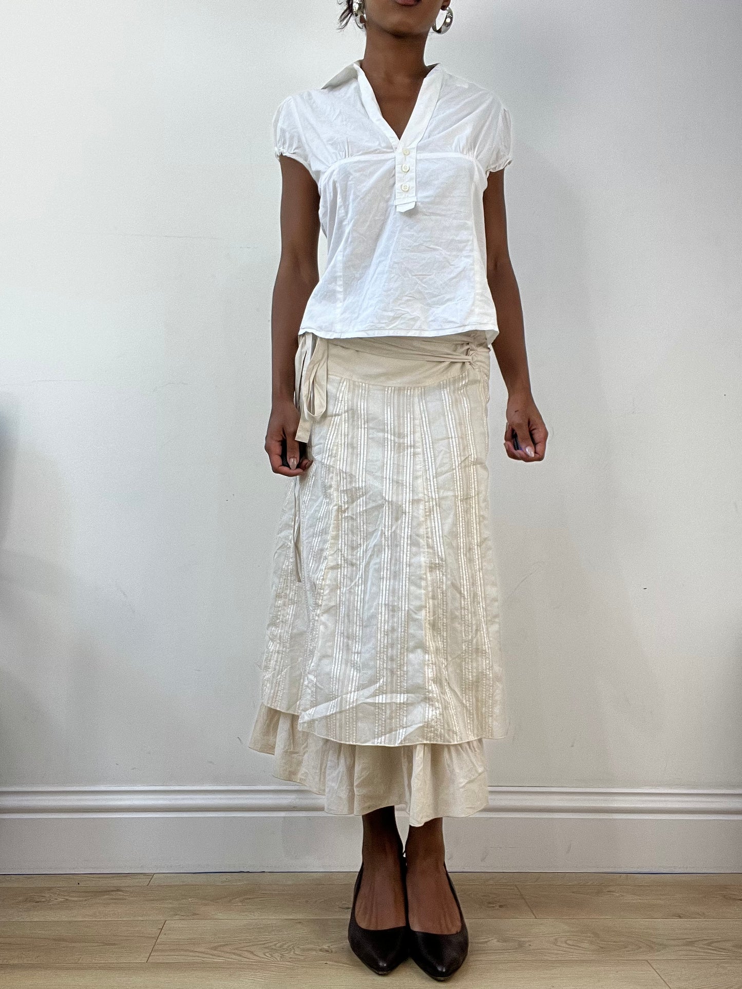 AUTUMN EDIT | medium cream tiered midi skirt with pinstripes