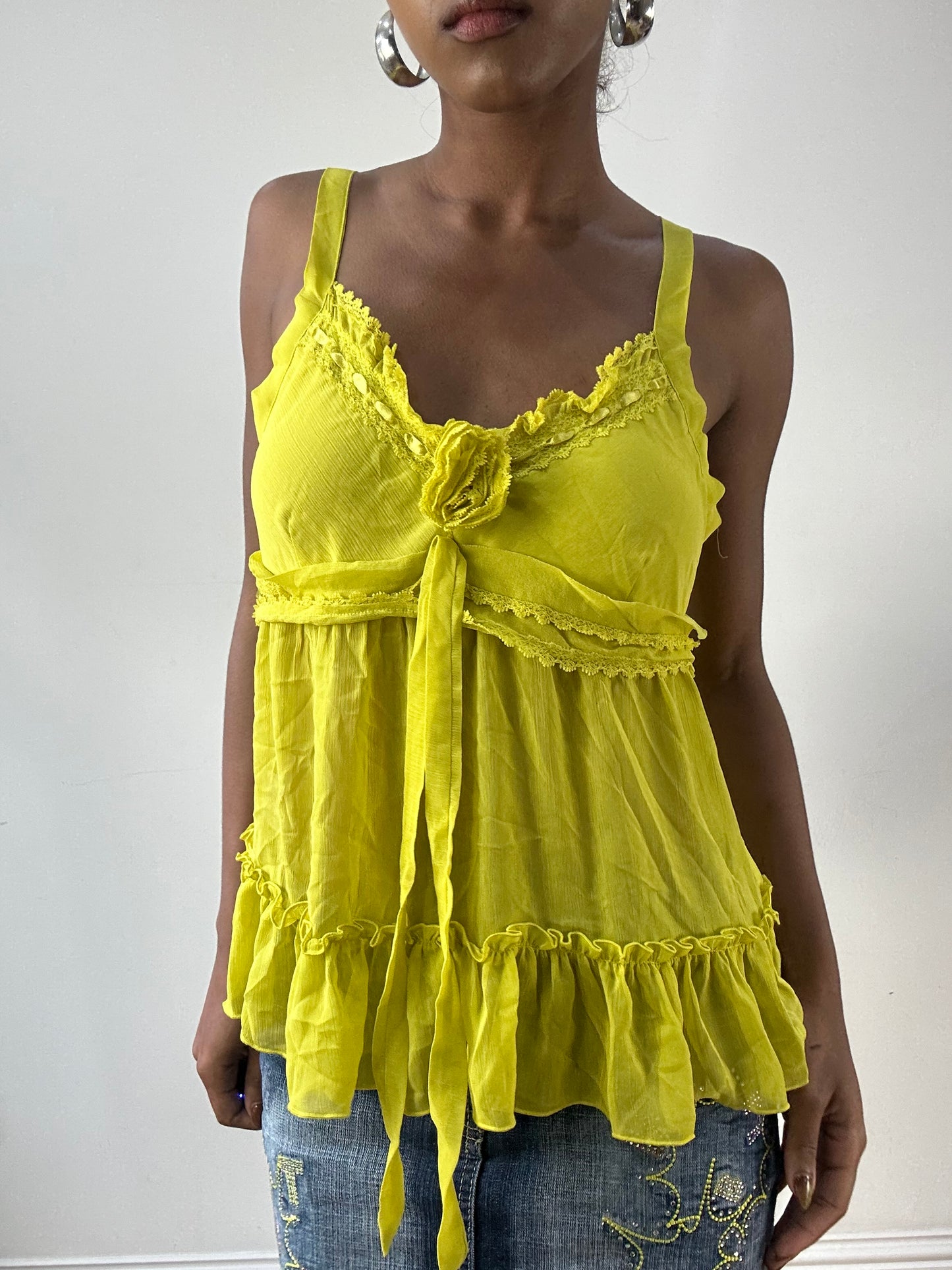 LFW edit | small chartreuse cami top with lace style trim
