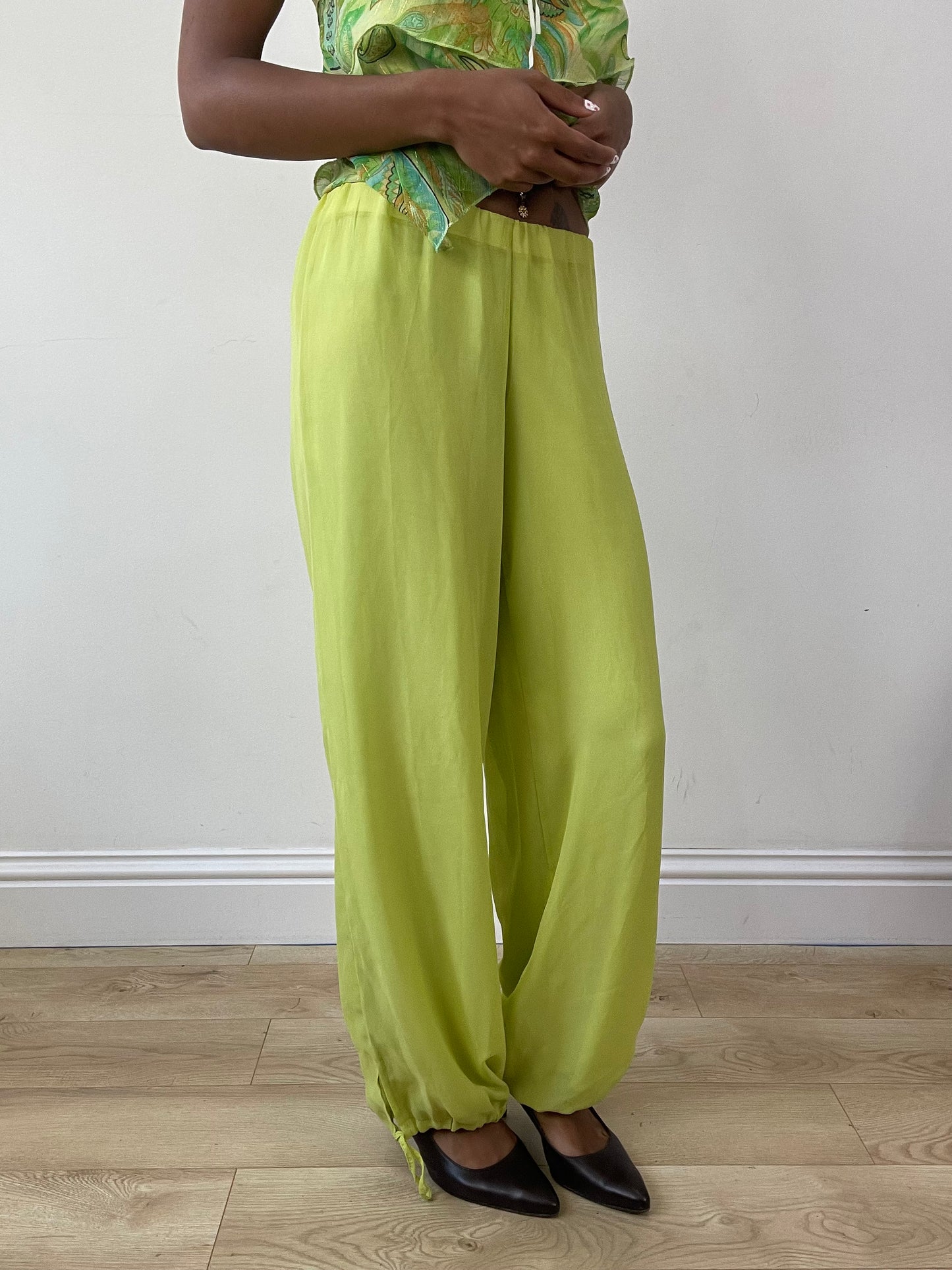 vintage edit twenty-seven | extra small green flowy mesh overlay trousers