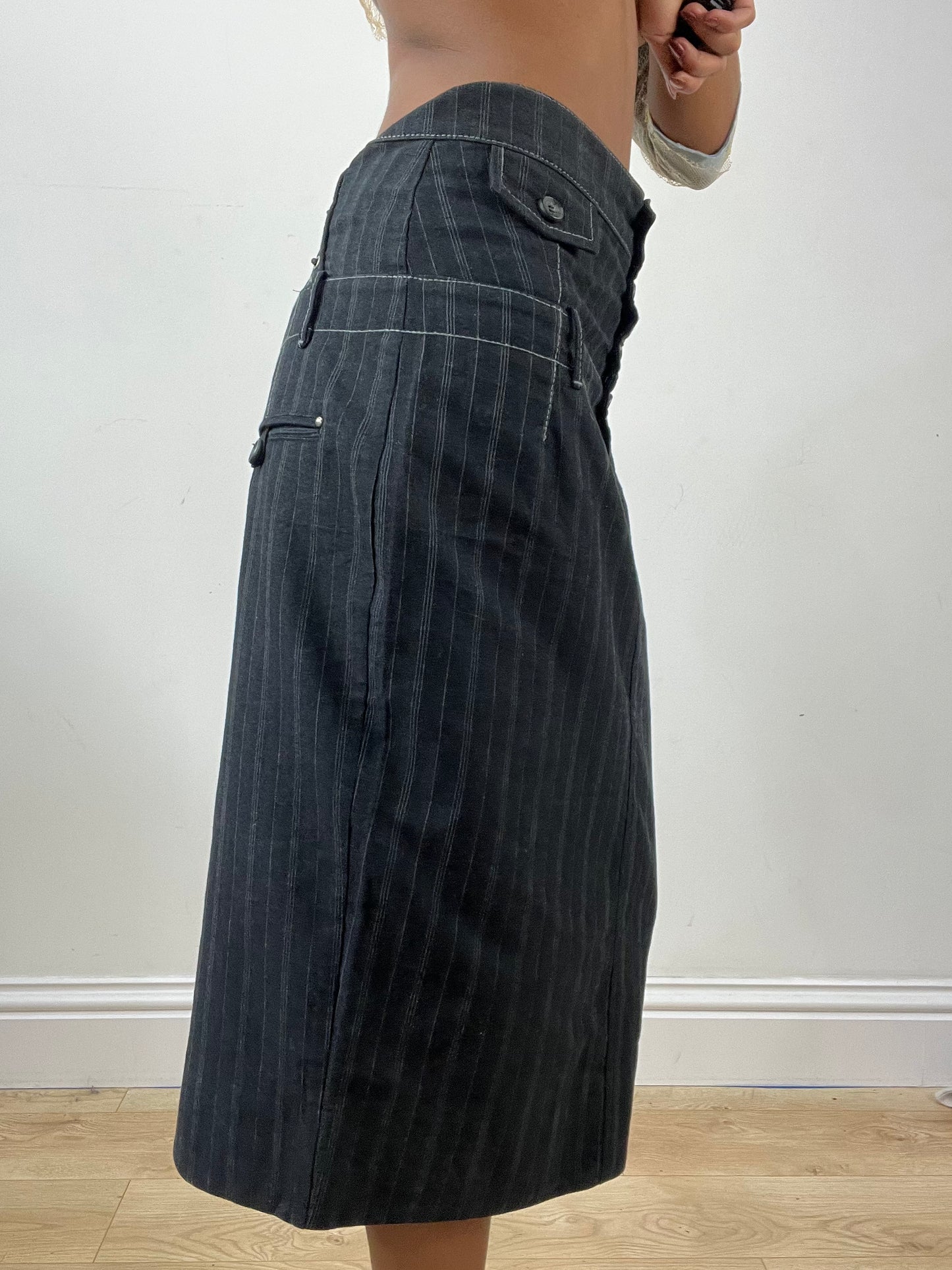 vintage edit thirty-four | small navy midi skirt with pinstripe detail