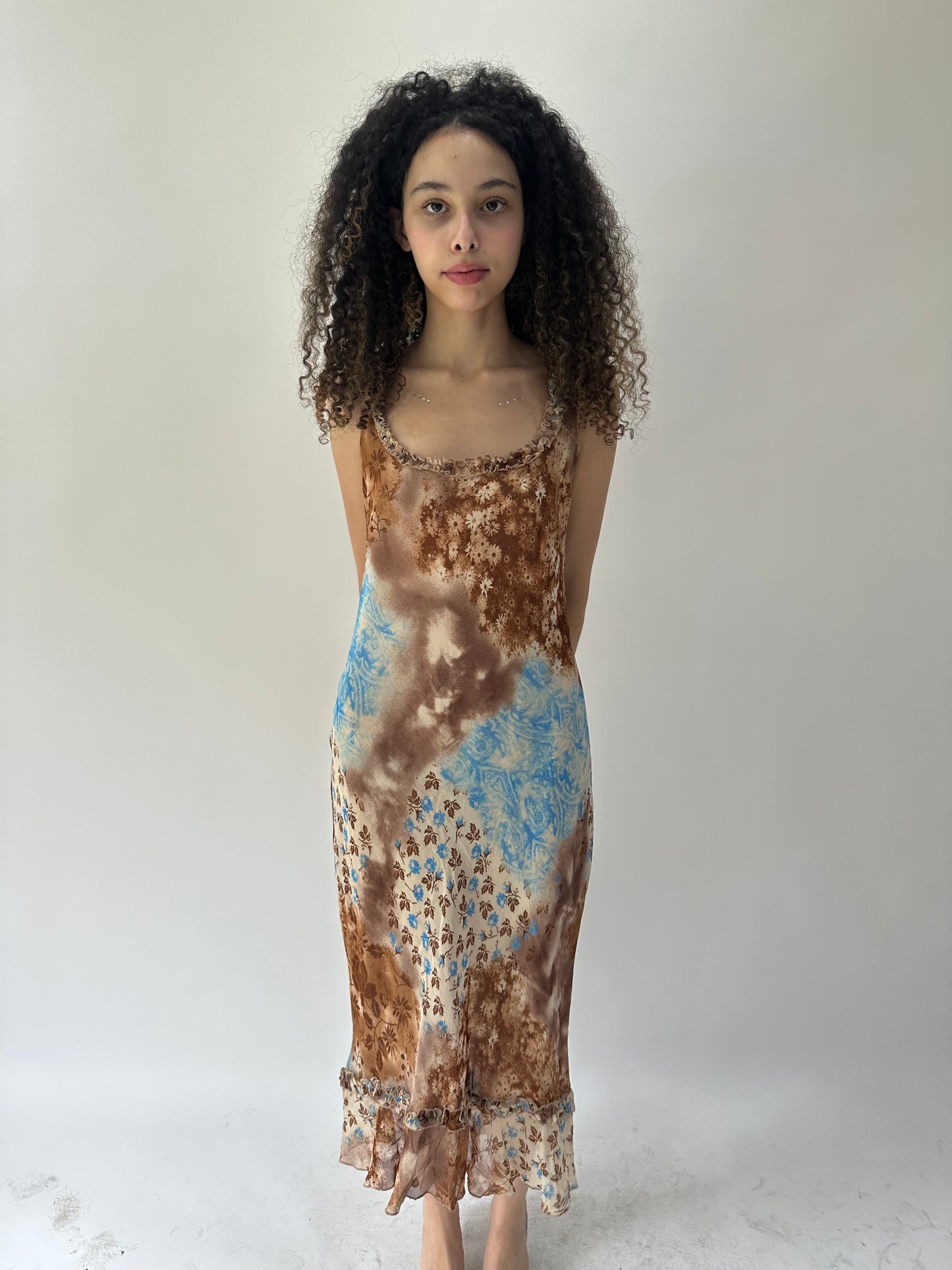 festival drop | medium brown and blue mesh overlay midi dress