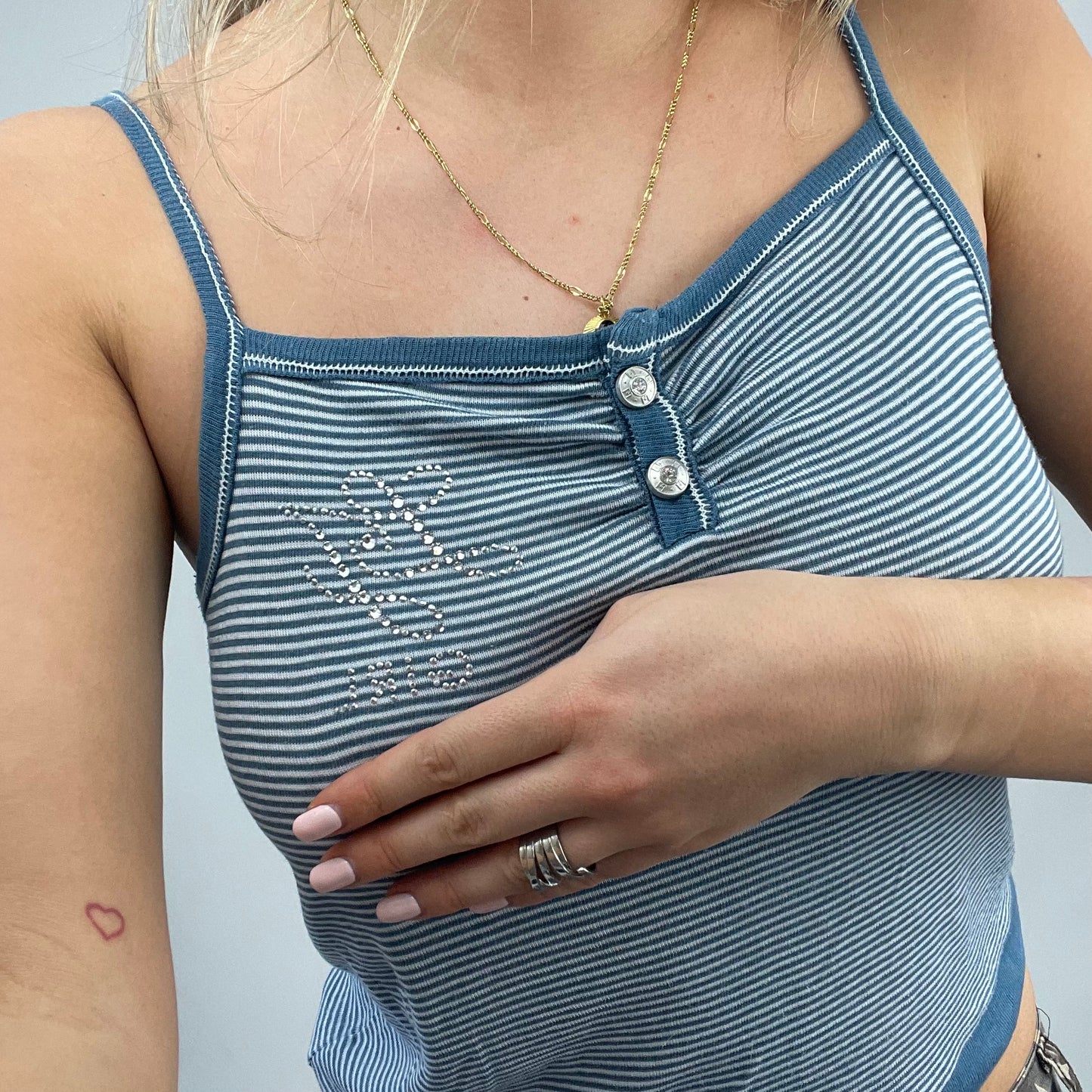 💻ELEVATED SPORTSWEAR DROP | small blue and white liu jo striped cami top with diamanté logo