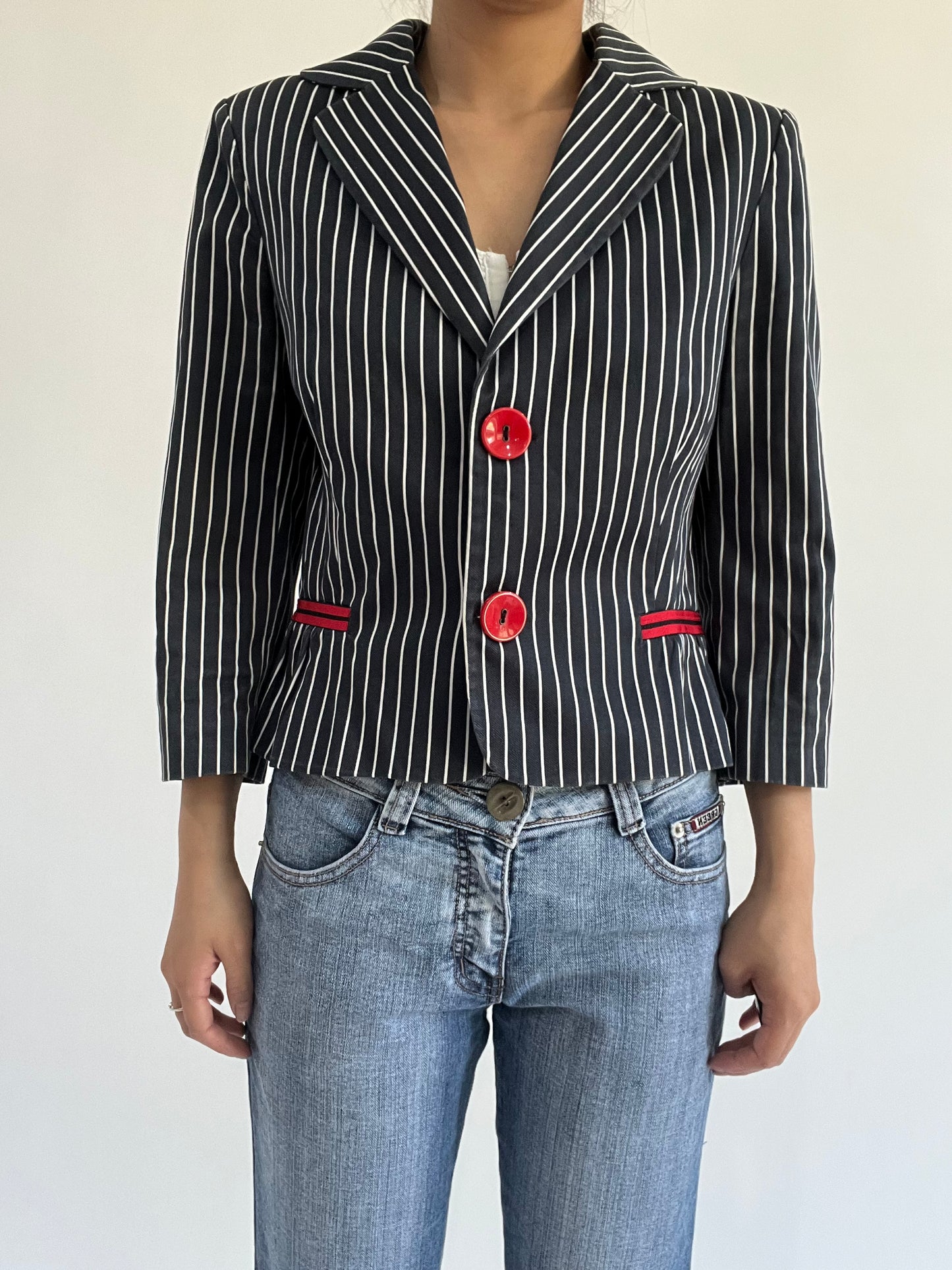 autumn picks |small navy suit style jacket with pinstripe print