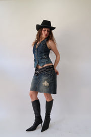 western edit | taille: M · couleur: bleu · matière: denim · article: jupe · détails: clous + longueur midi