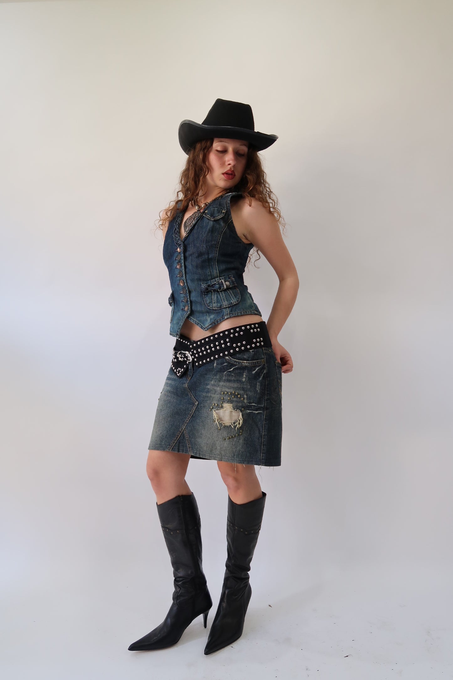 western edit | medium blue denim studded midi skirt