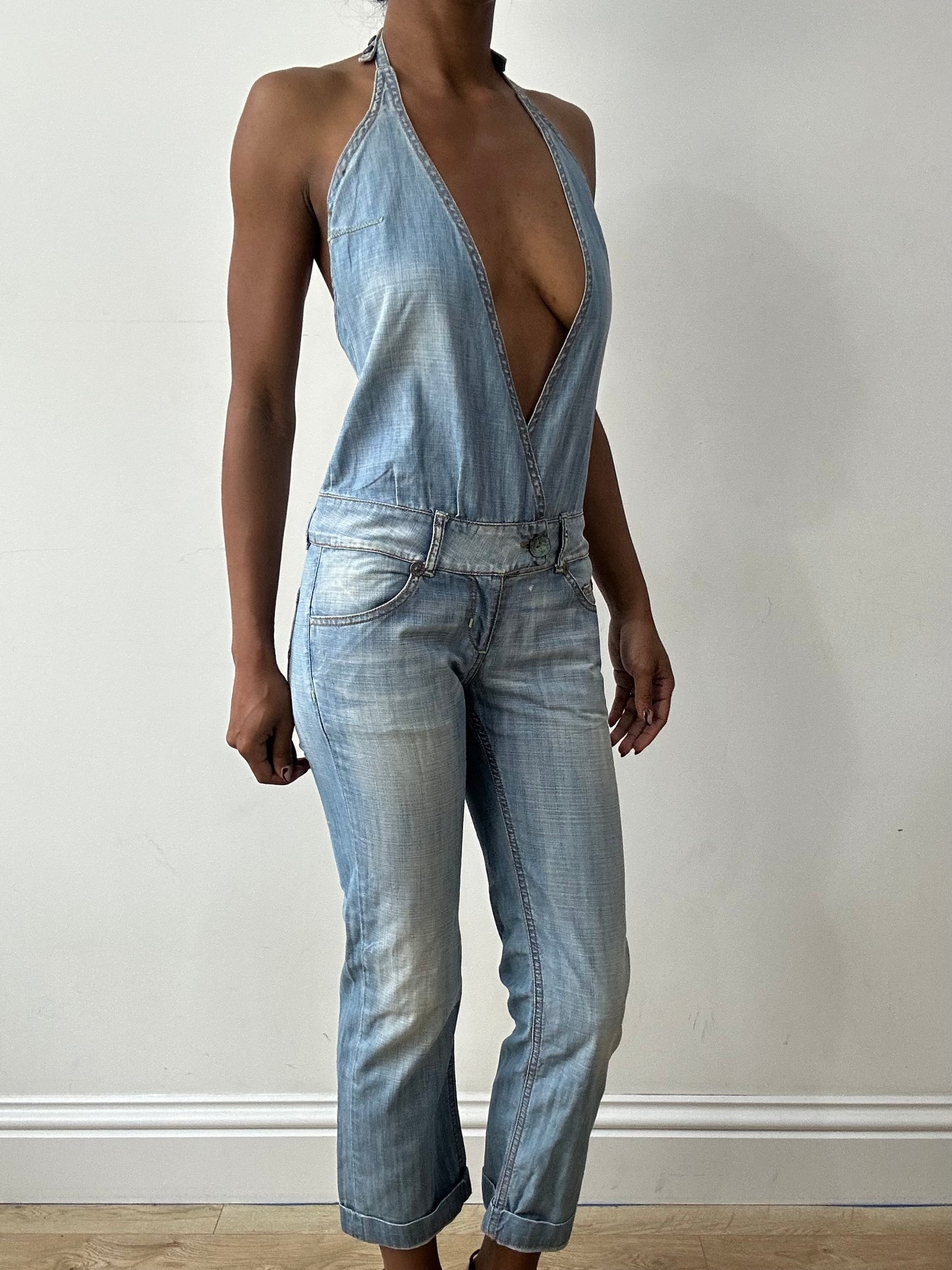 midsummer edit | small light blue denim halterneck jumpsuit
