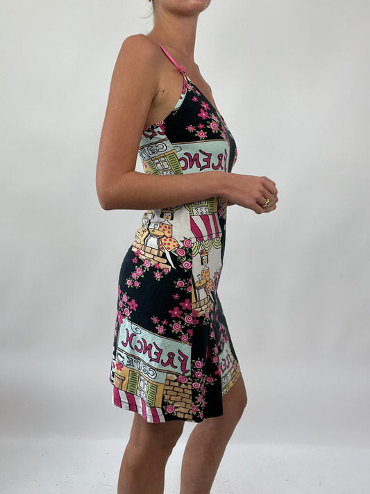 PALM BEACH DROP | small black dress with pink graphic pattern all over and ‘french’ spell out
