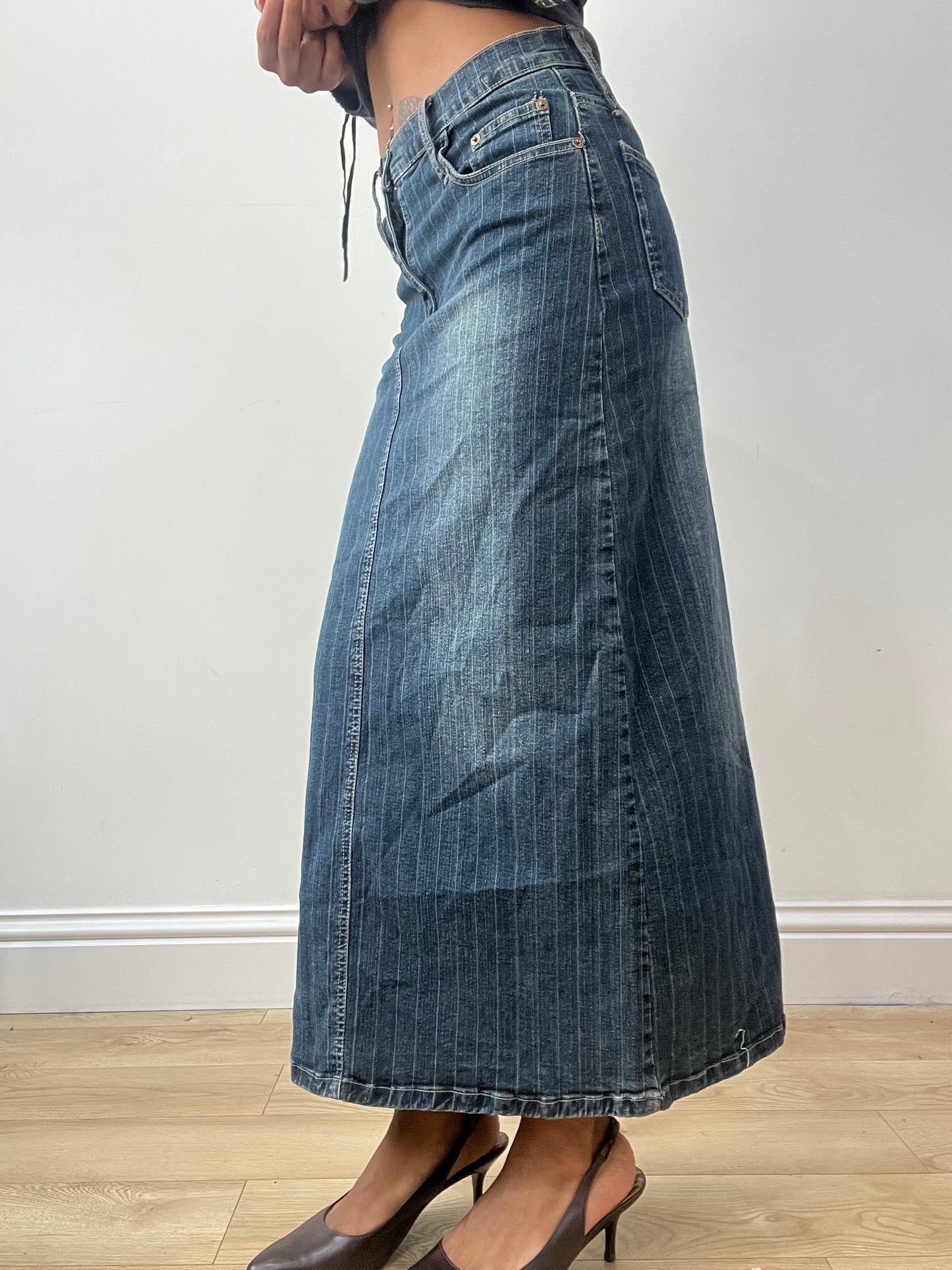 vintage edit thirty-two | extra small blue pinstripe denim maxi skirt