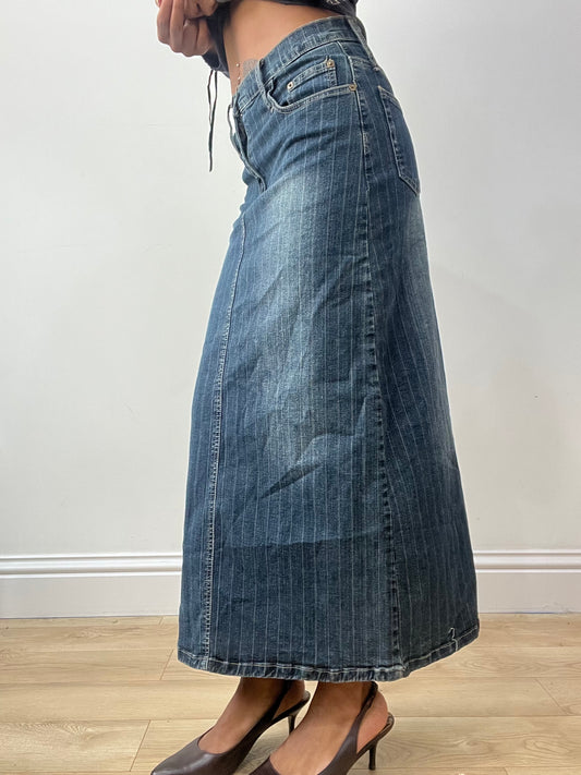 vintage edit thirty-two | extra small blue pinstripe denim maxi skirt