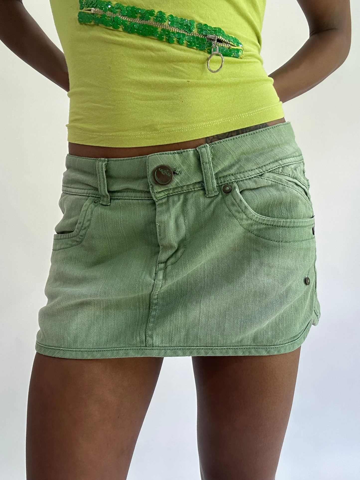 colourmaxxing drop | small/medium green denim mini skirt