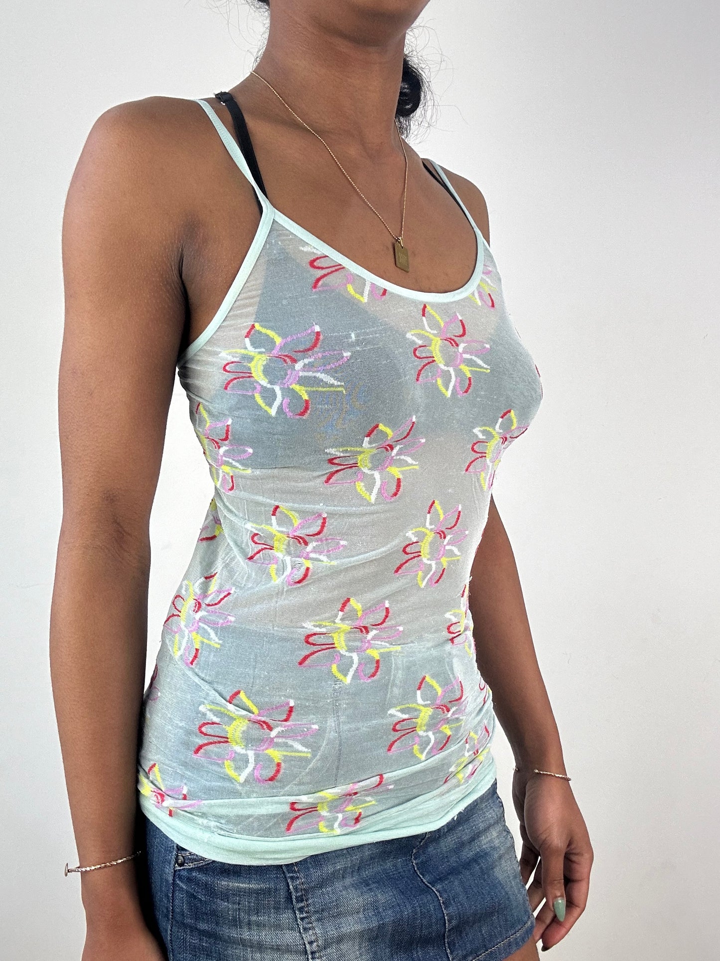 vintage edit: tops | small light blue sheer cami top with floral print