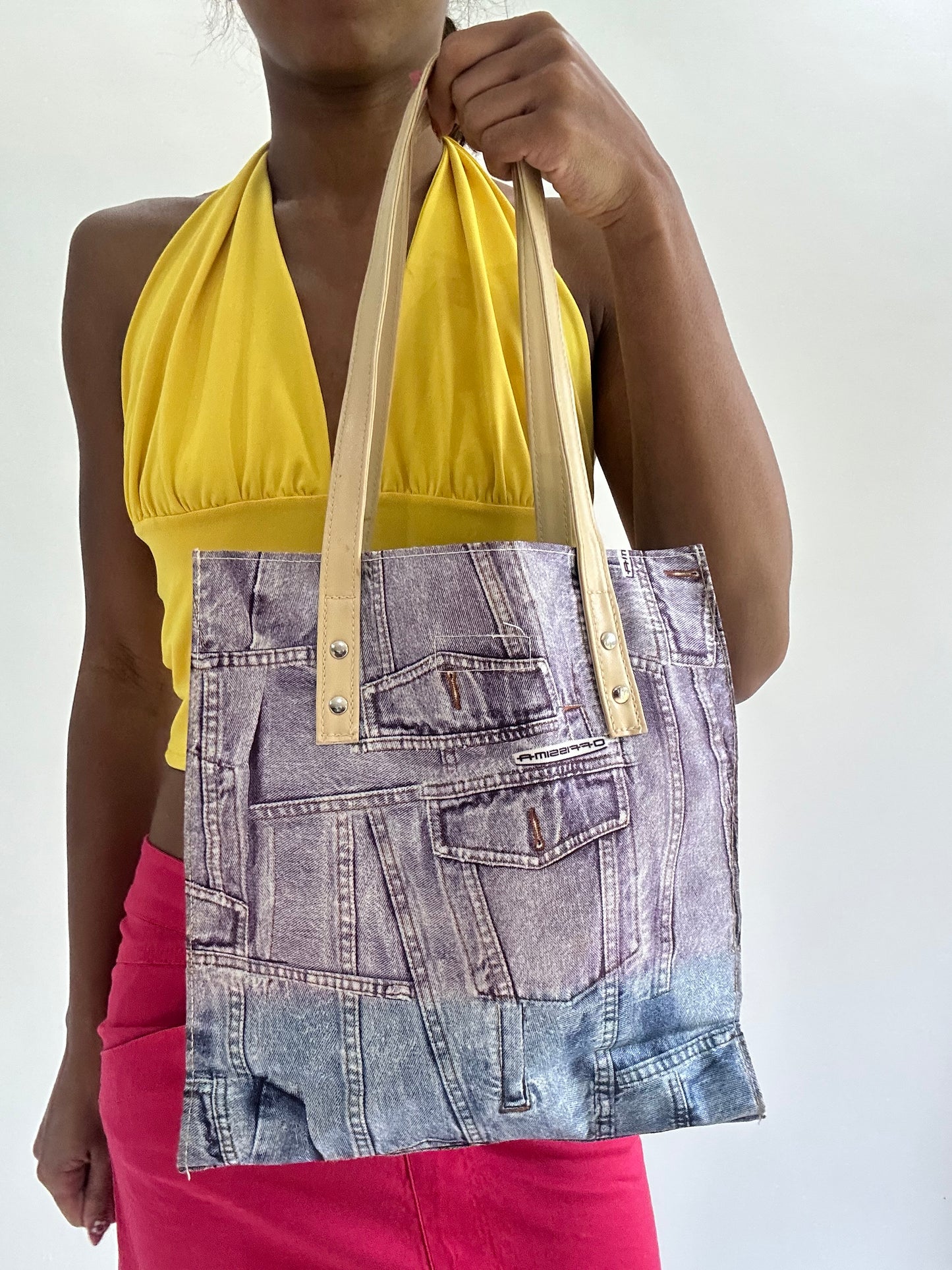 zara larsson drop | purple and blue denim print shoulder bag