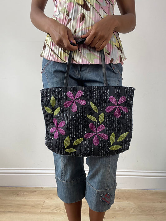 vintage edit twenty-five | black shoulder bag with purple and green beading