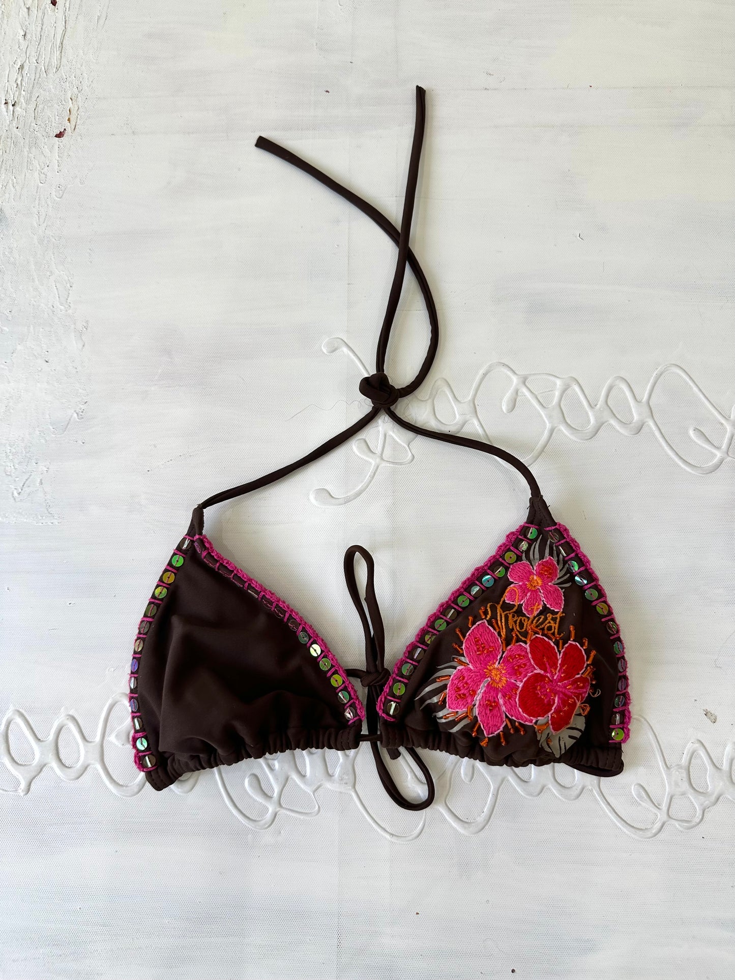 festival drop | small brown and pink embroidered bikini top