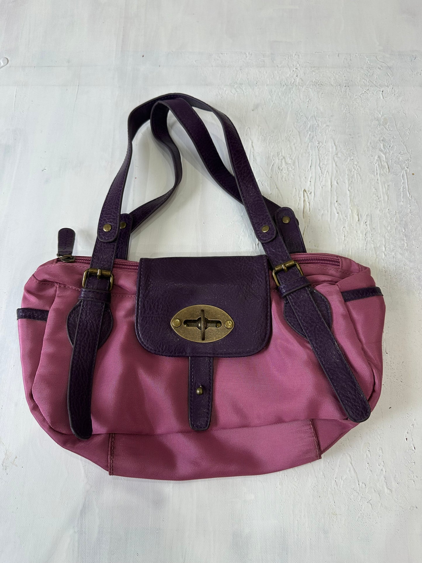 vintage edit thirty-three | pink shoulder bag with purple faux leather detail