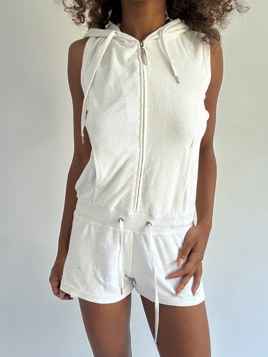 euro trash | small white towelling hooded playsuit