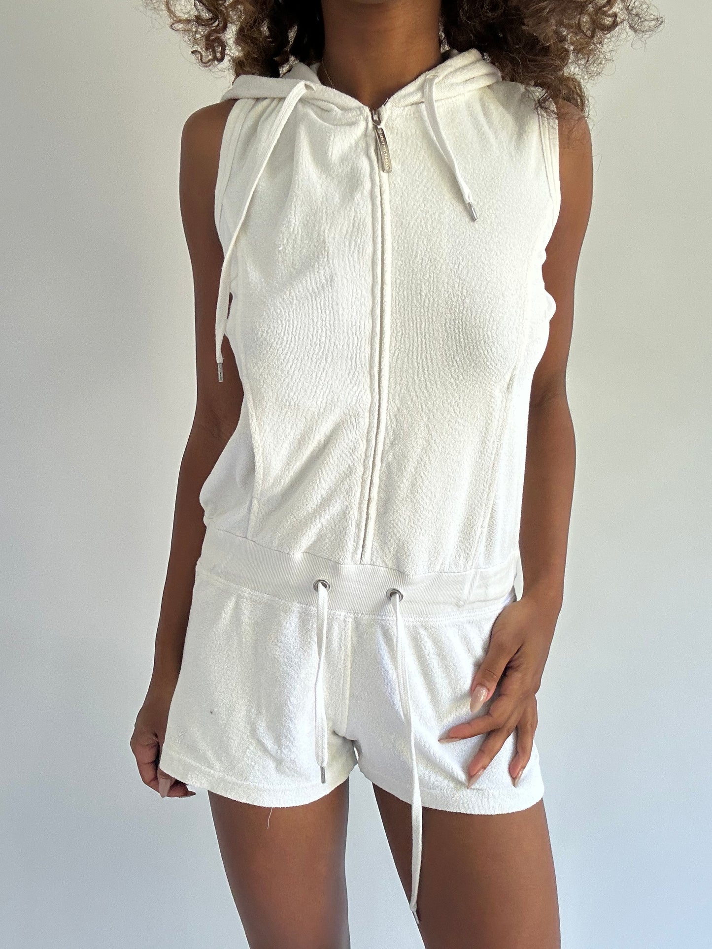 euro trash | small white towelling hooded playsuit