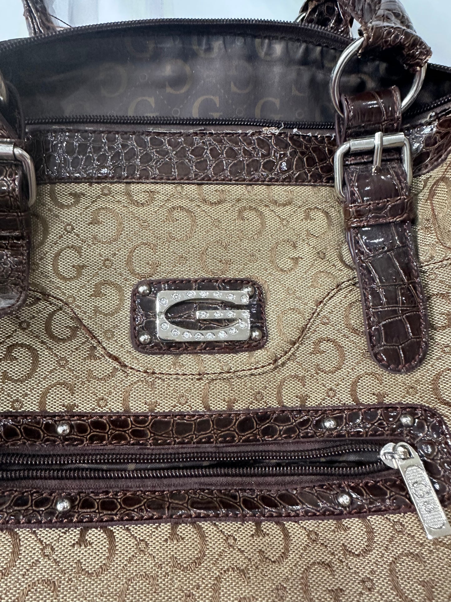 midsummer edit | brown 'G' monogram shoulder bag with faux leather straps