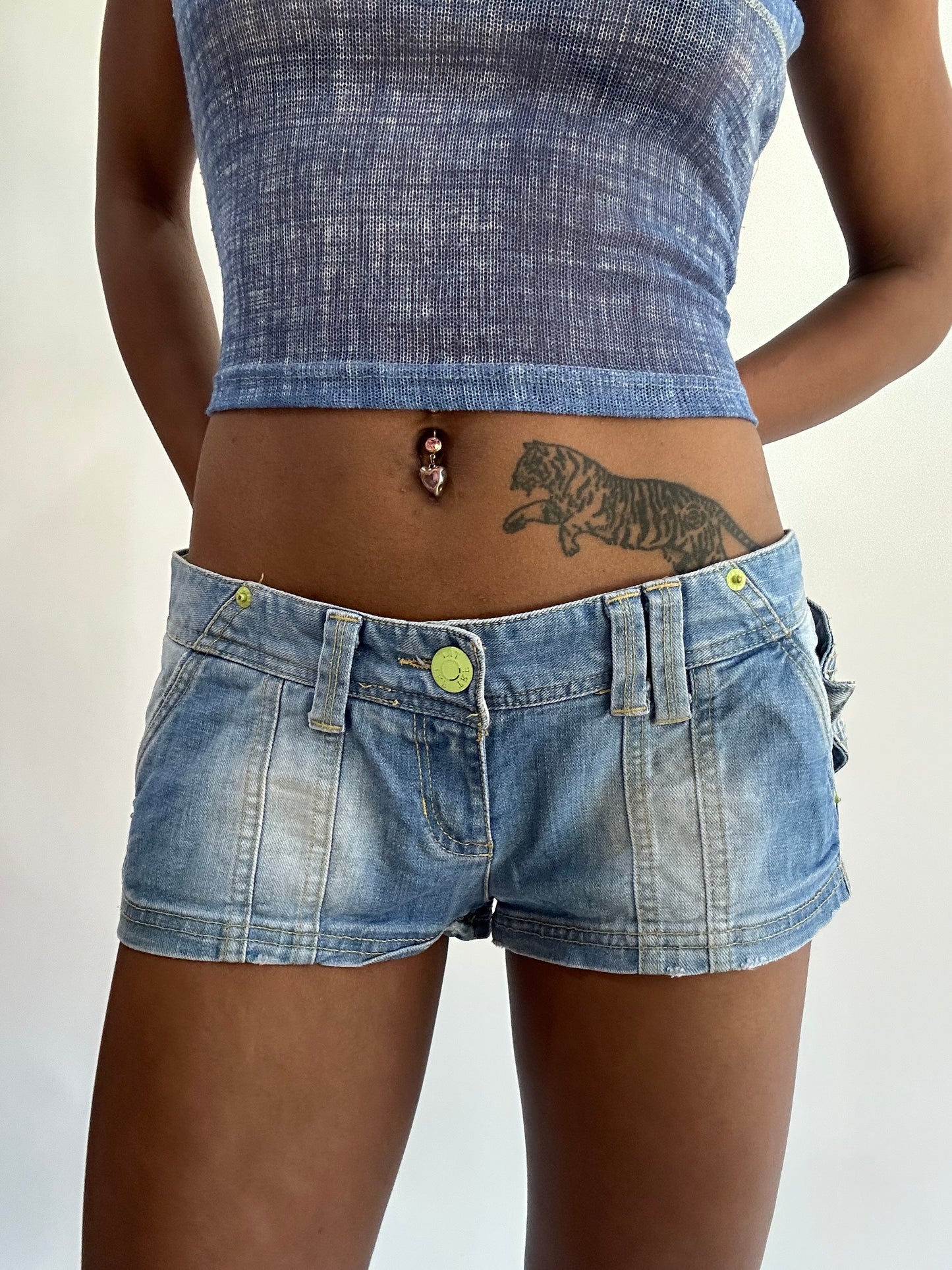 wag drop | medium blue denim mini shorts with yellow detailing