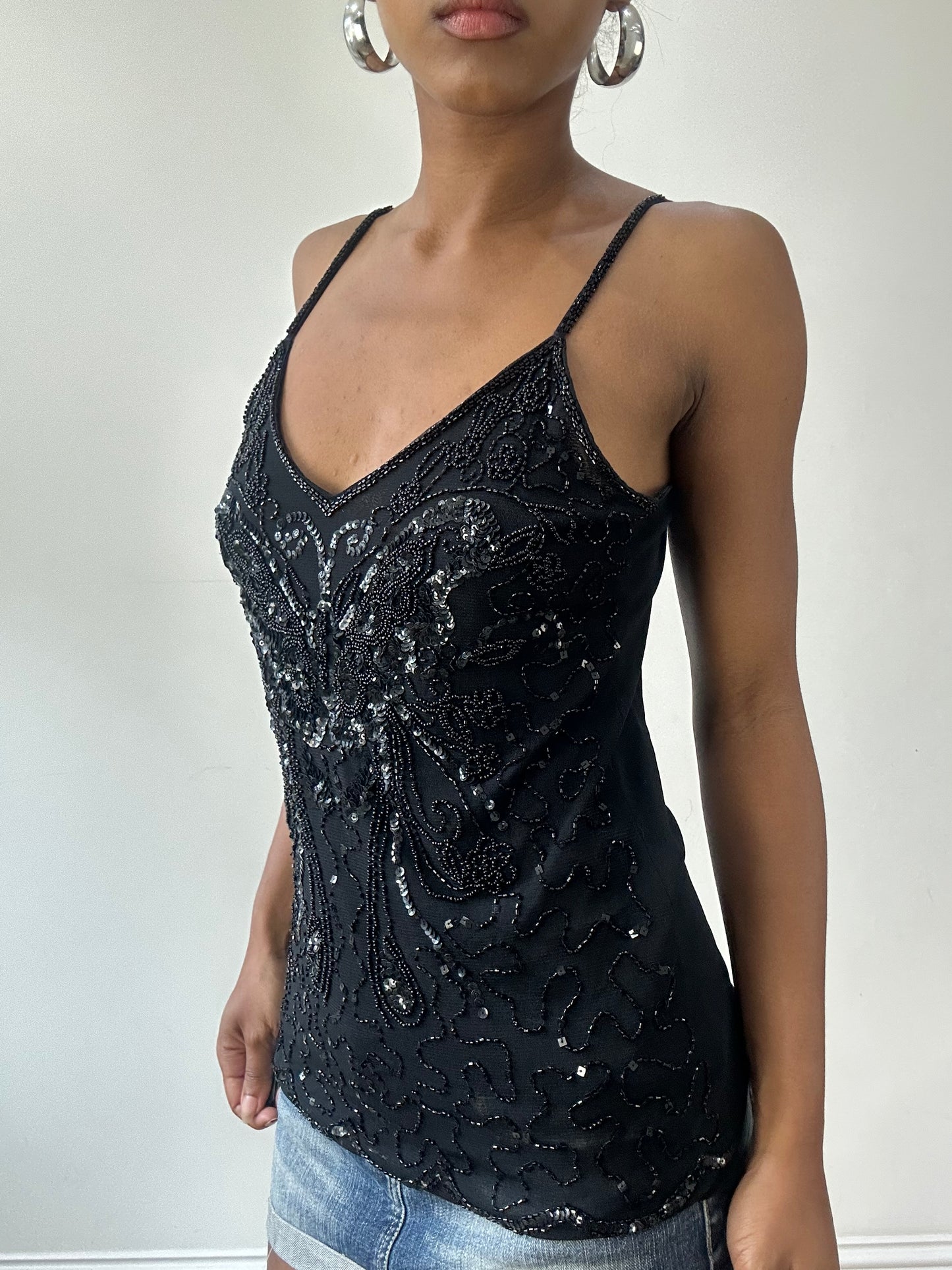 vintage edit thirty-one | medium black beaded butterfly cami top