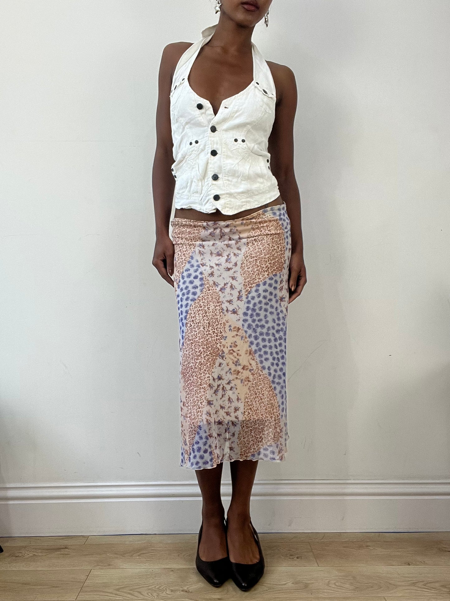 BEST PICKS | small blue and tan midi skirt with floral print