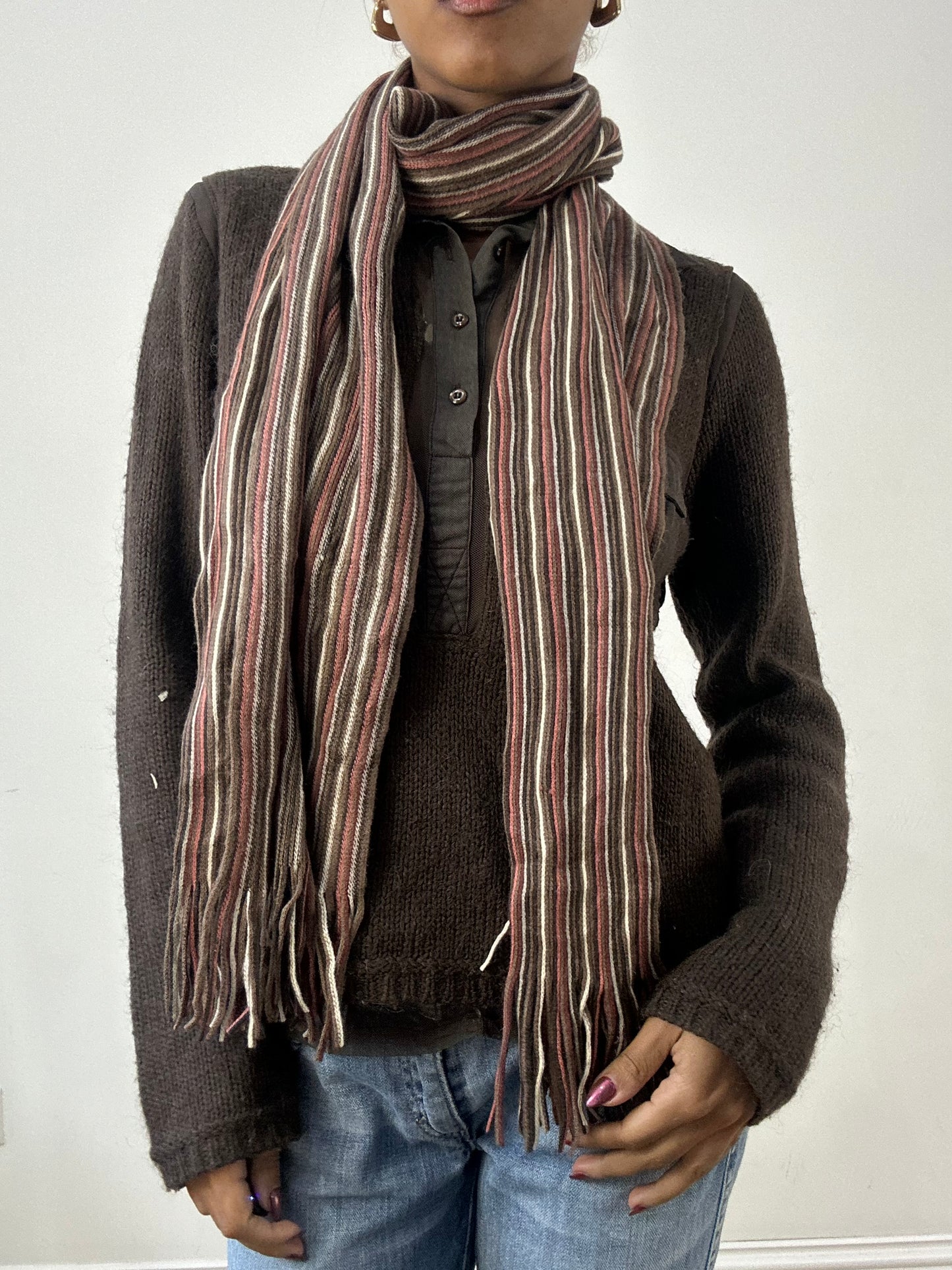 winter edit | brown and pink striped knit tassel scarf