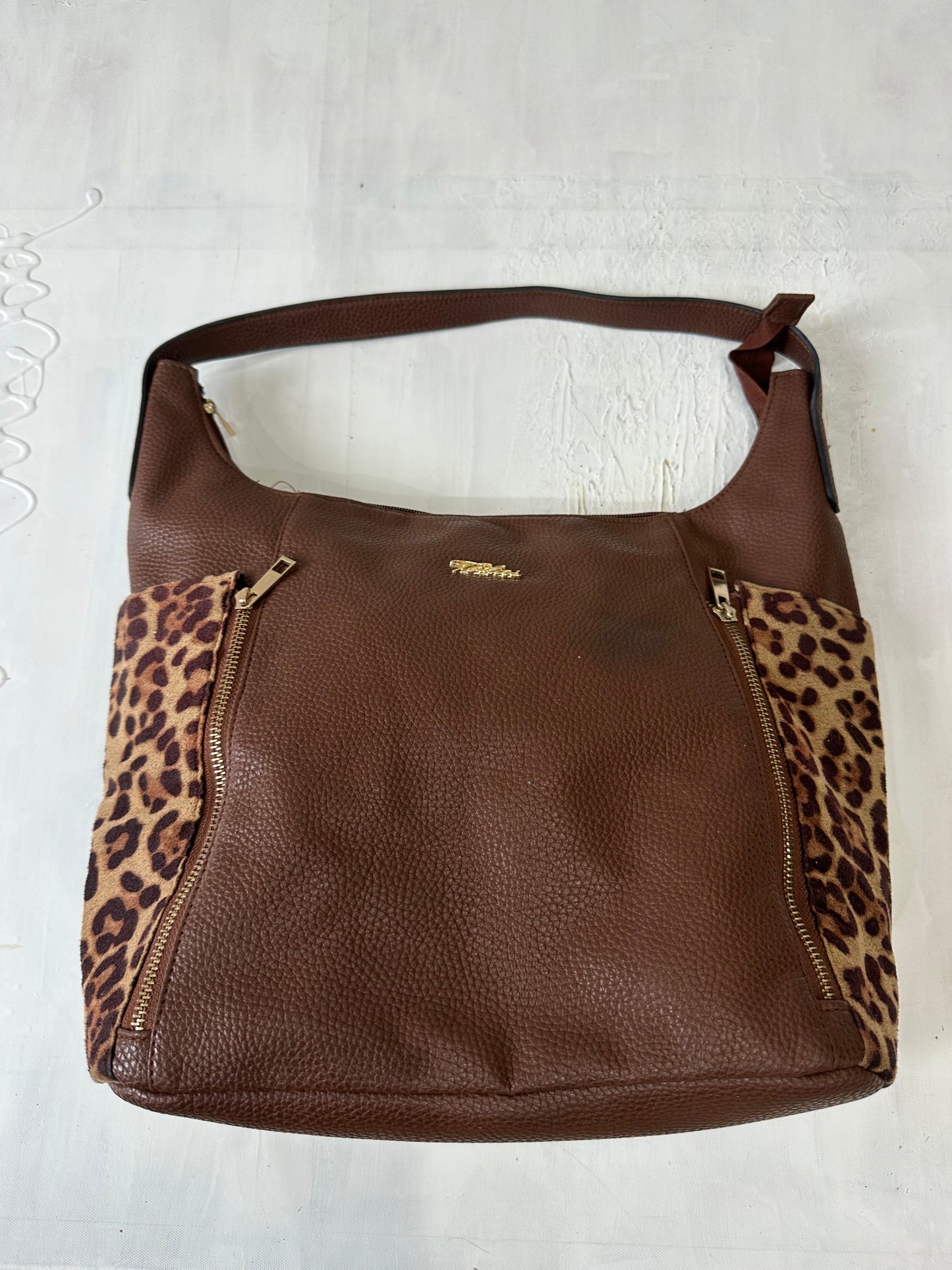 vintage edit thirty-three | brown faux leather shoulder bag with leopard print panels