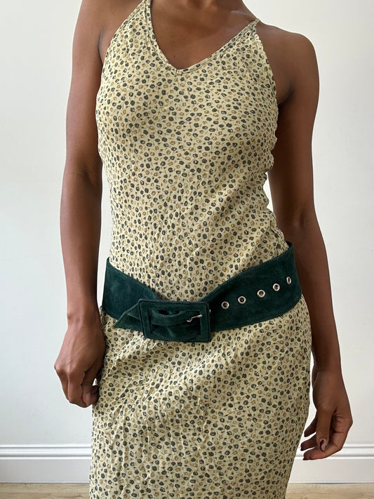 vintage edit thirty-one | one size green faux suede belt with oversized buckle