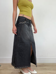 💚 miley cyrus edit |  medium dark wash grey denim midi skirt