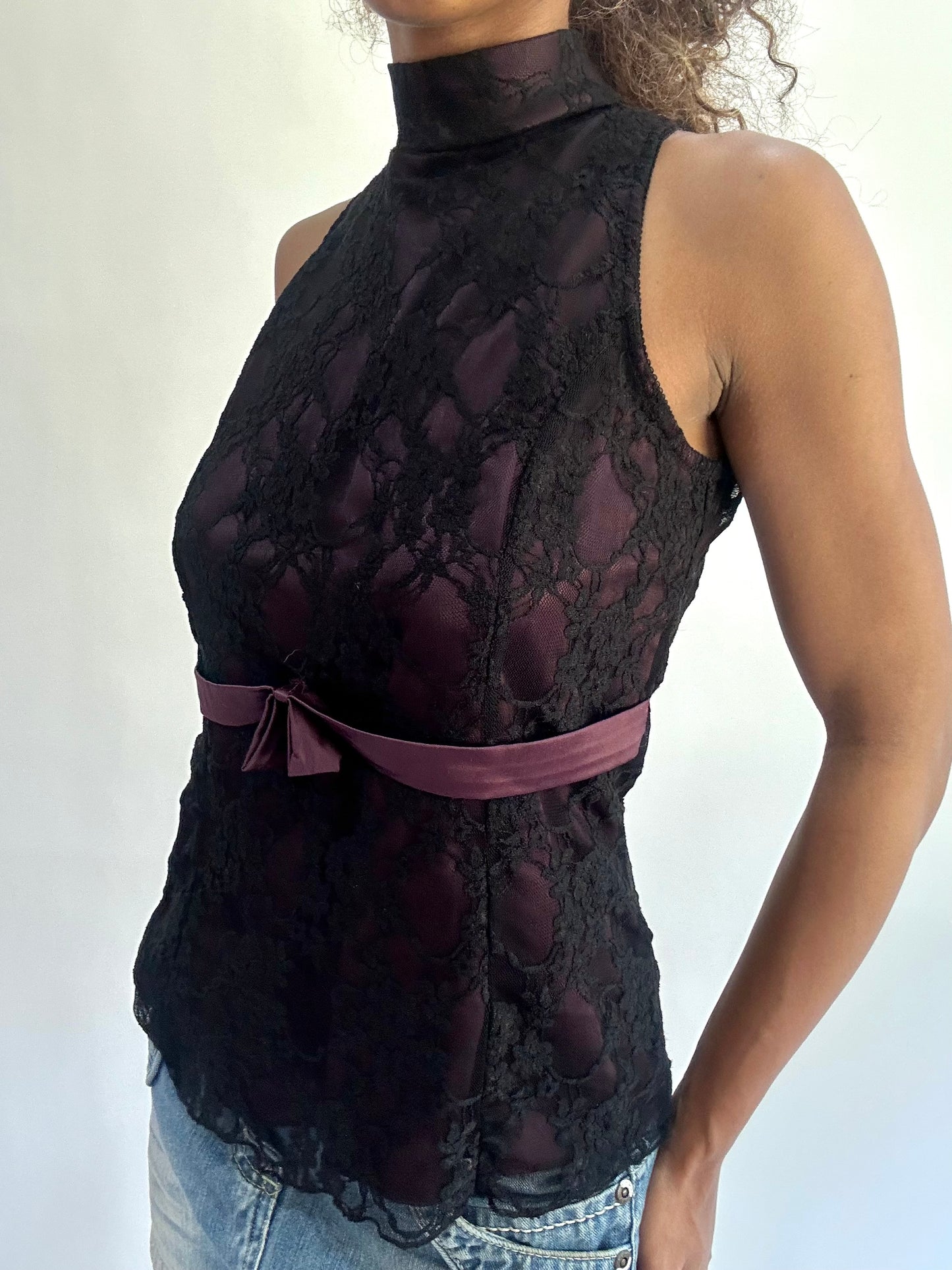 wag drop | small black lace overlay high neck top