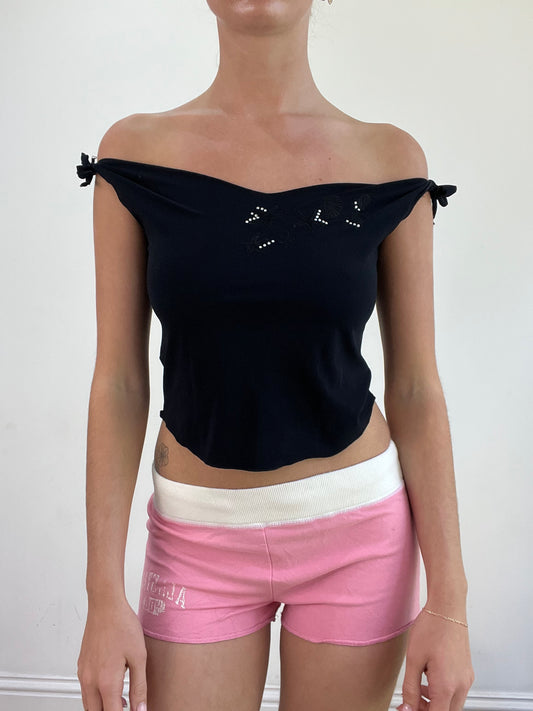 💚 miley cyrus edit | small black blumarine off the shoulder top