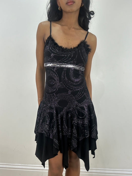vintage edit fifteen | small black and silver mini dress with faux fur