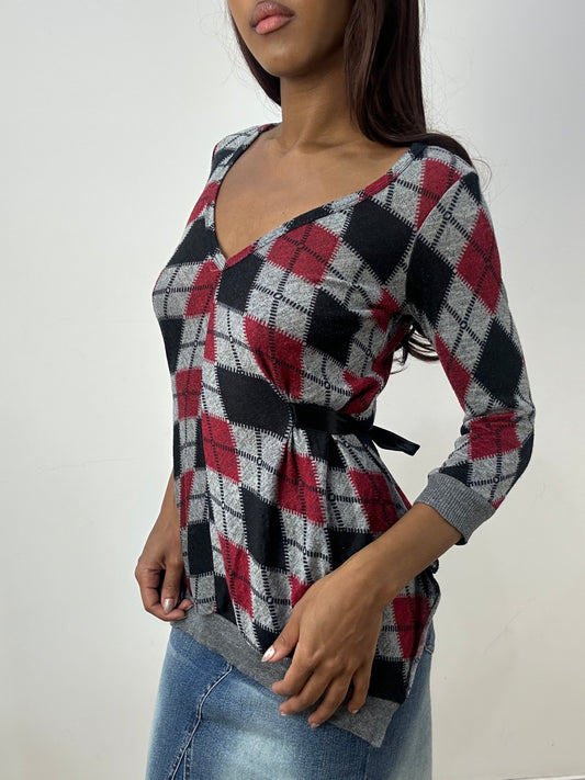 vintage edit thirty-three | small grey and burgundy jumper with abstract print