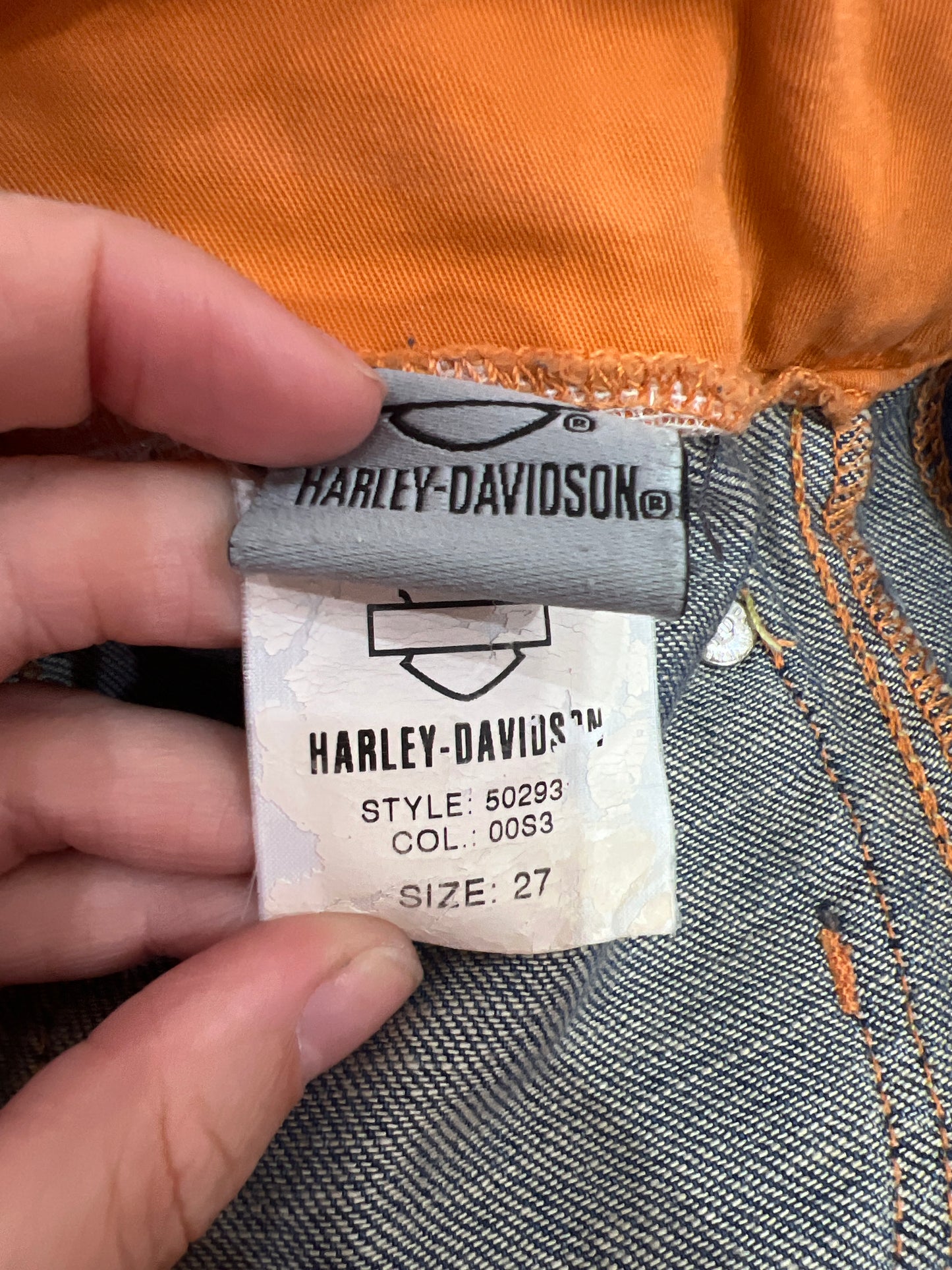 euro trash | small blue and orange harley davidson denim mini skirt