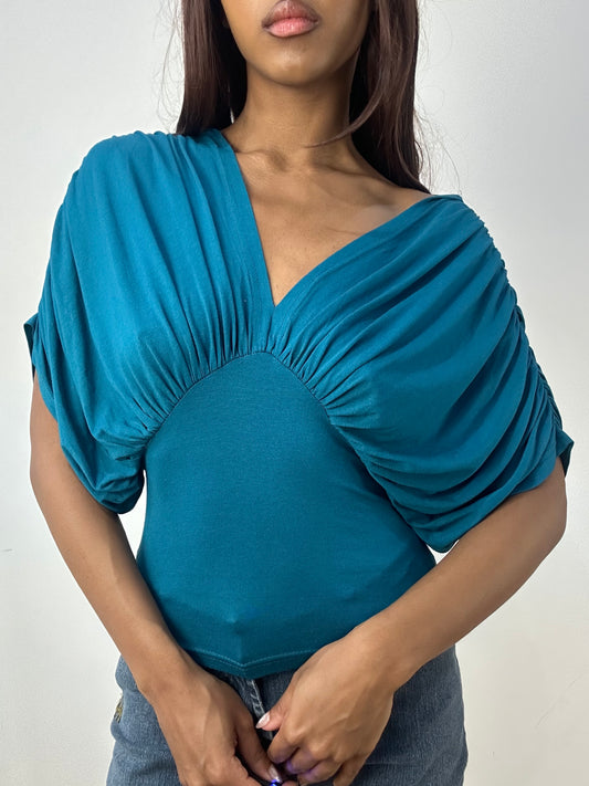 vintage edit thirty-three | small blue batwing fitted top with open back detail