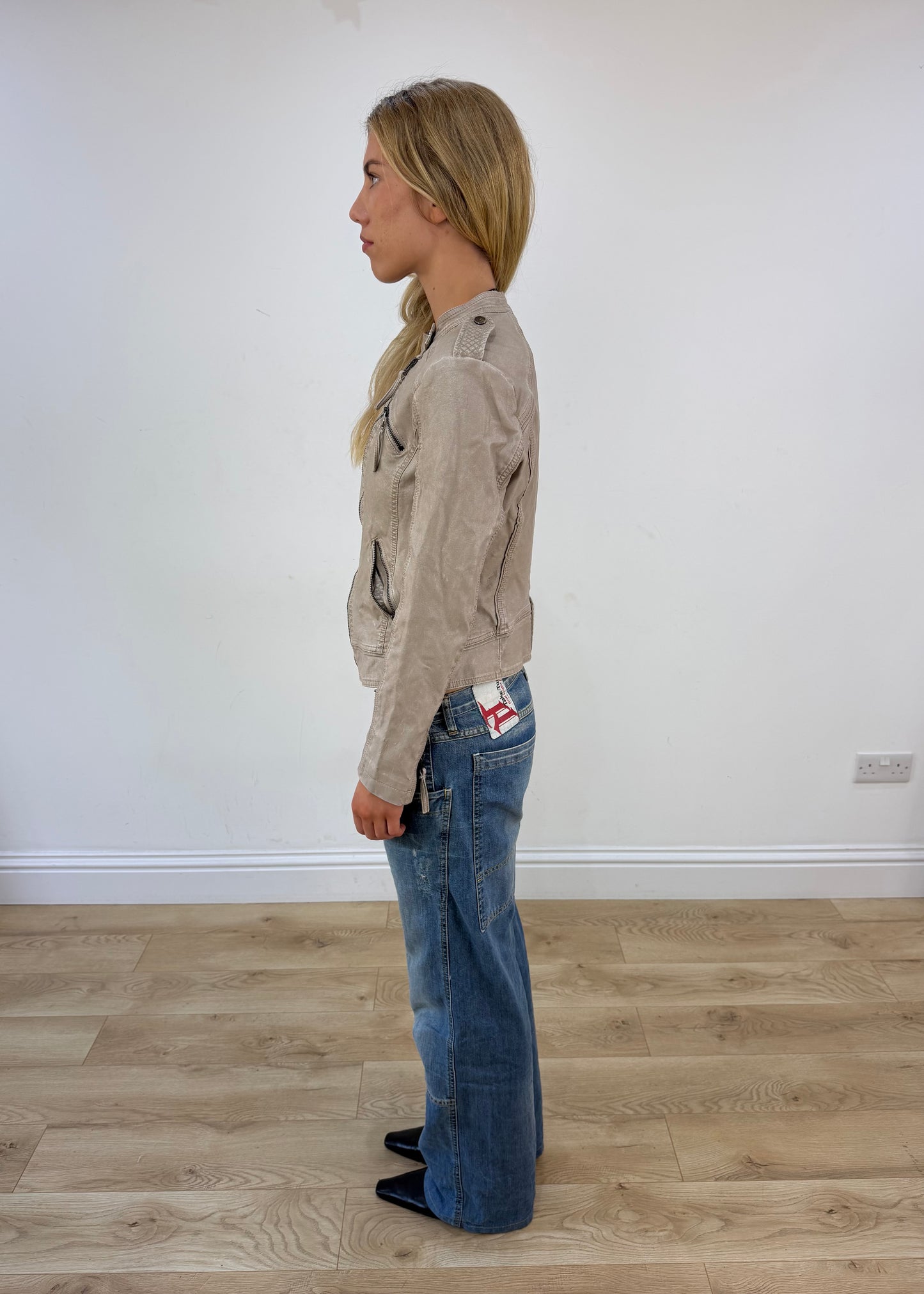 small taupe fitted leather-look jacket