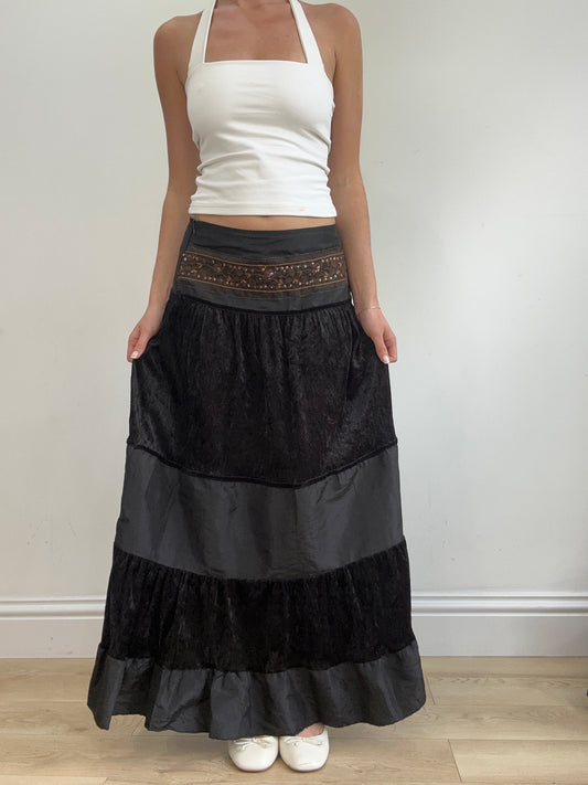 vintage edit twenty-two | small black tiered maxi skirt with embroidery detail