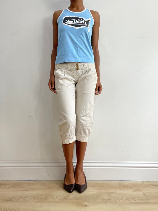 midsummer edit | small white old bershka cropped trousers with gold button detail